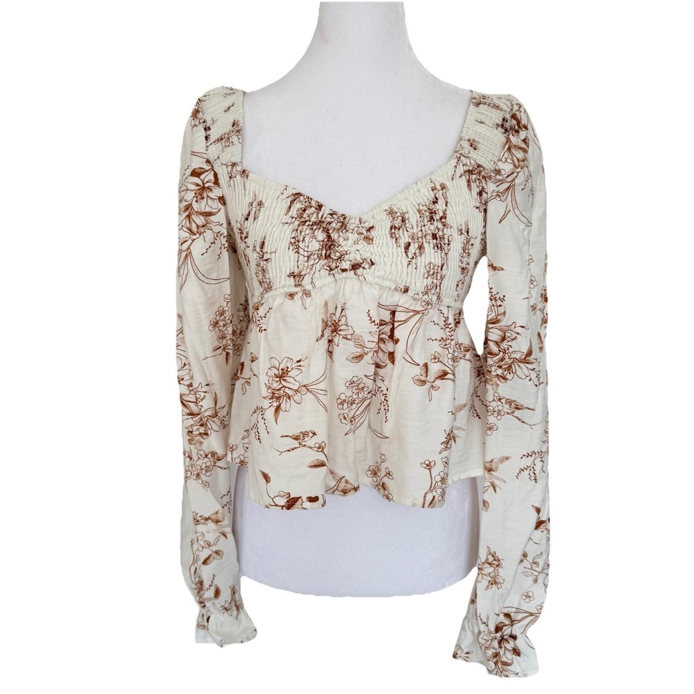 NWT Floral Smocked Prairie Top Ruffle Cream Brown Long Sleeve Size L Cottage